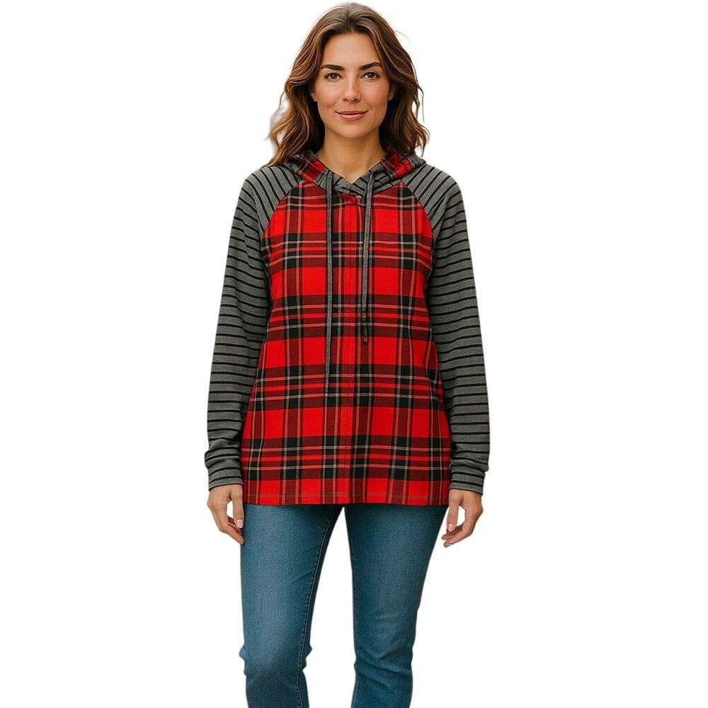Egs‎ California Red Plaid Striped Sleeves Drawstring Hood Womens Hoodie Size 1XL